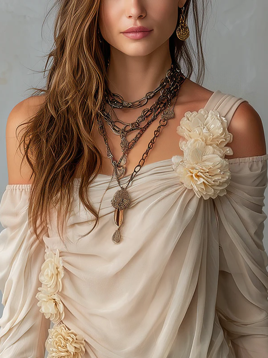 Isabella | Bohemian Draped Off-Shoulder Floral Chiffon Blouse