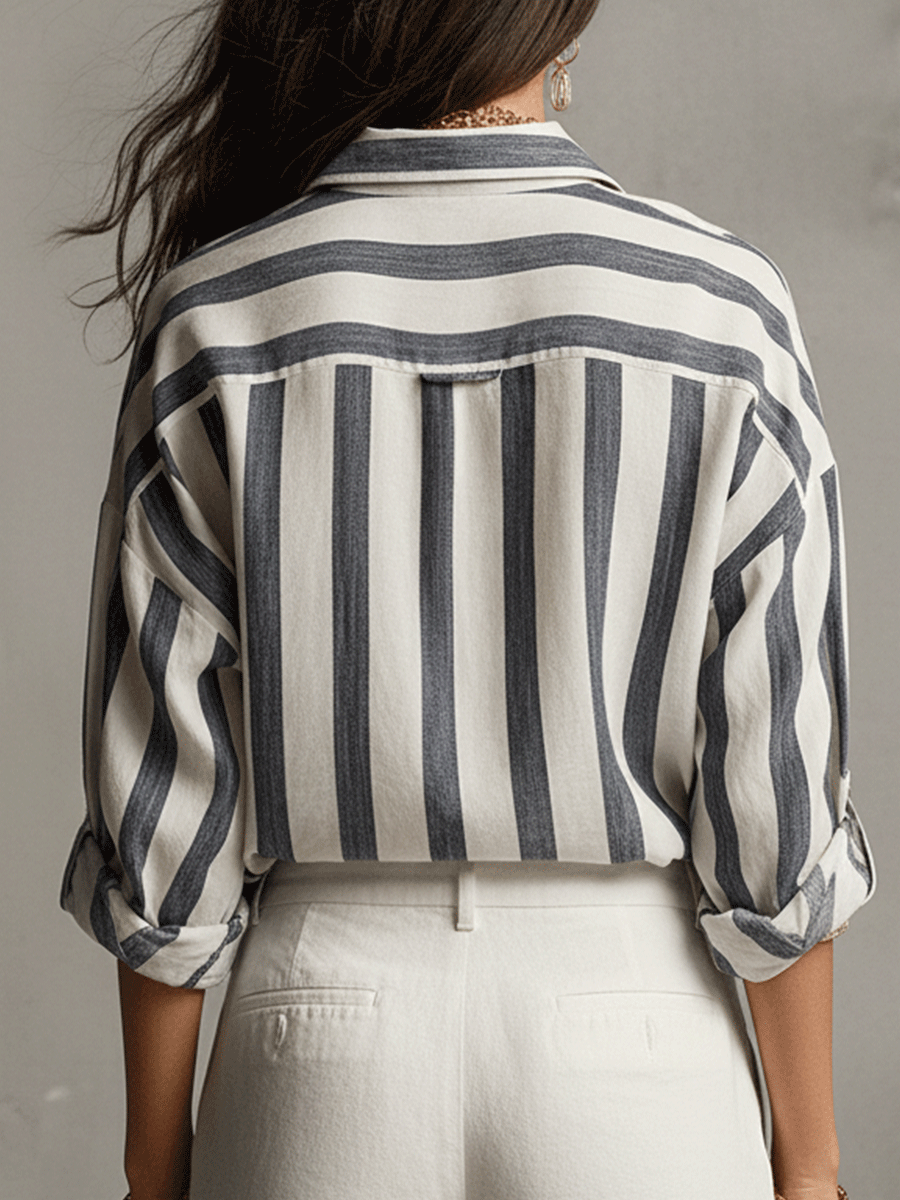 Genevieve | Casual Striped Cotton And Linen Long-Sleeved