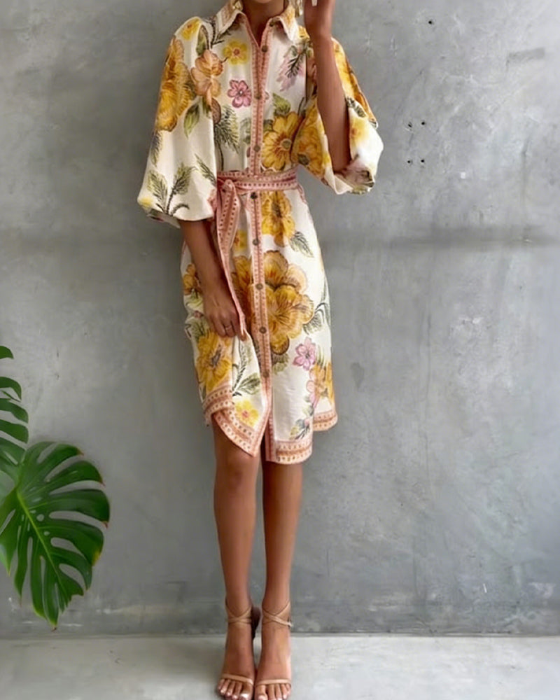Printed Lantern Sleeve Dress with Notched Collar