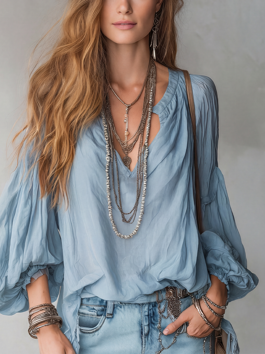 Ursula | Airy Mist-Blue Bohemian Blouse