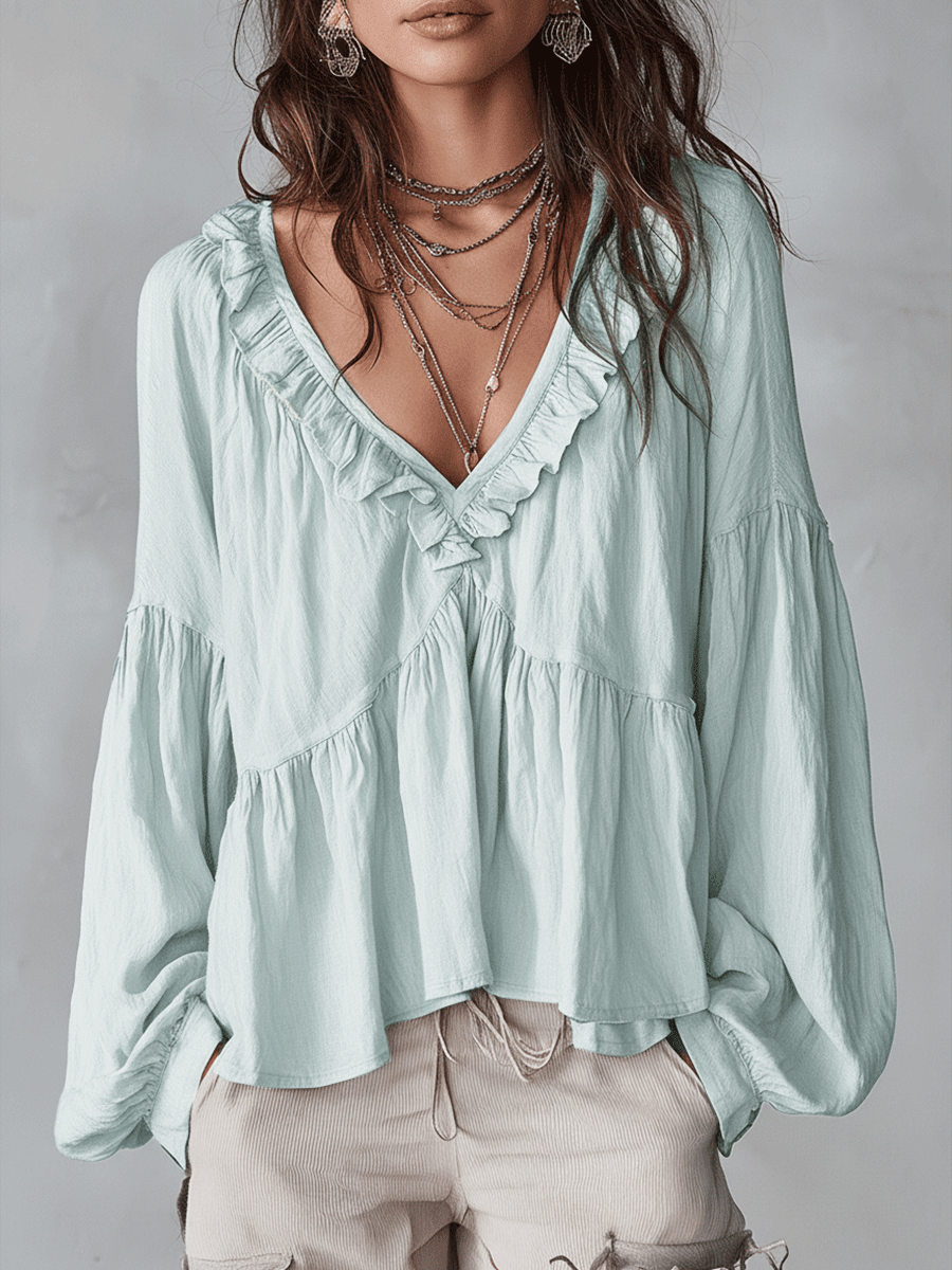Abigail | Soft Boho Ruffled V-Neck Relaxed Blouse