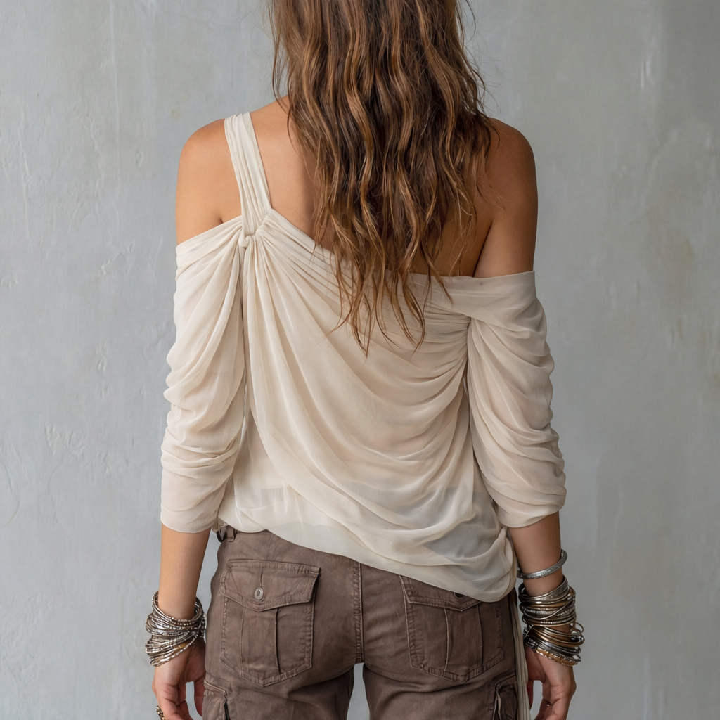 Isabella | Bohemian Draped Off-Shoulder Floral Chiffon Blouse