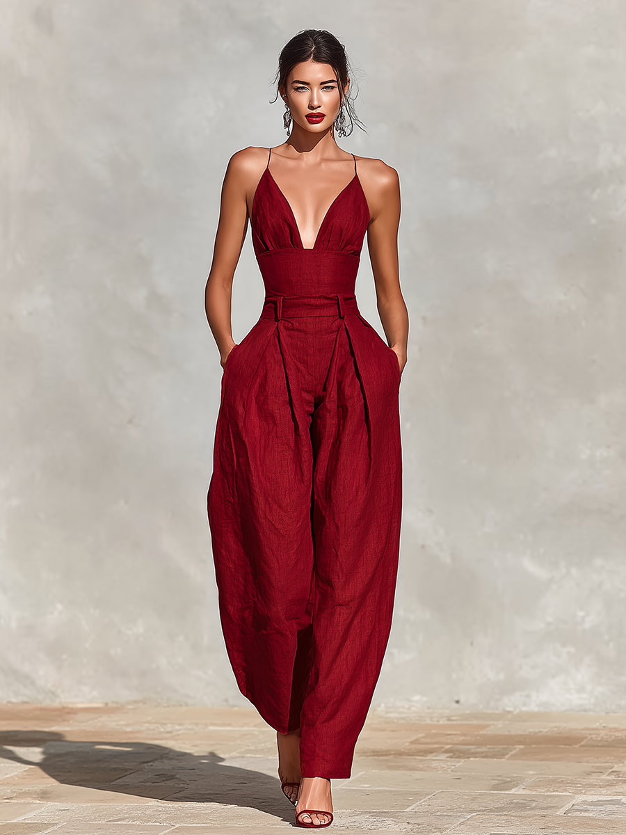 Cass | Red Linen Jumpsuit Spaghetti