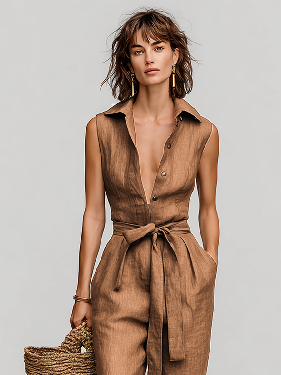 Lara | Tobacco Brown Linen Jumpsuit