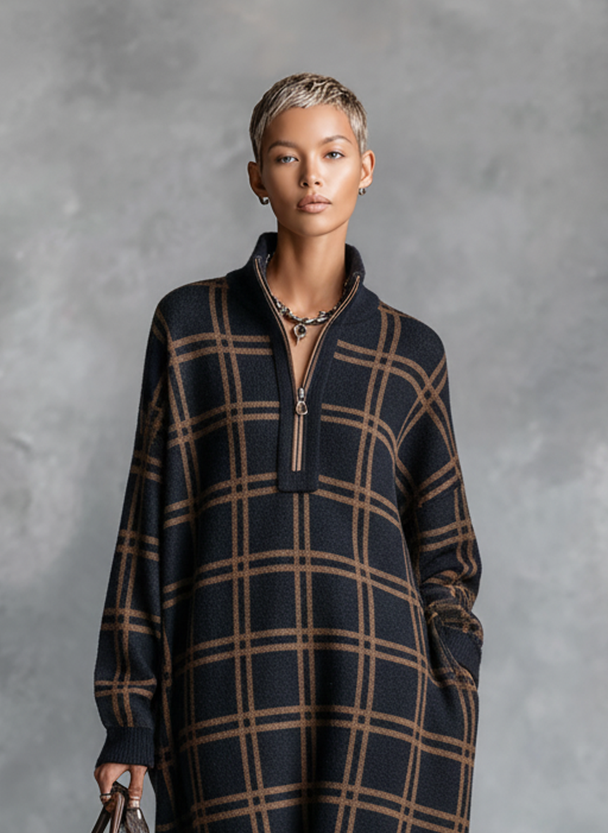 Rose | Loose Plaid Zipper Neck