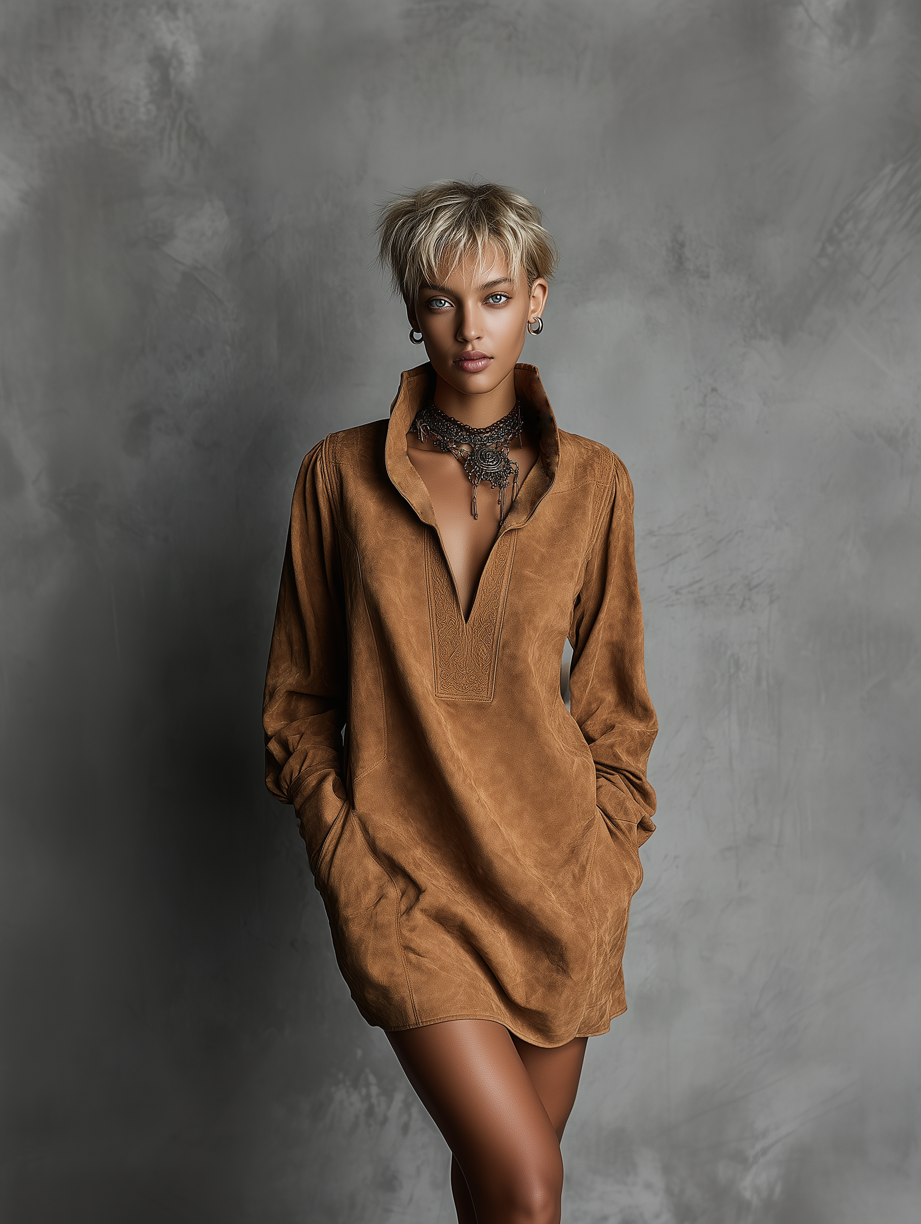 Nadia | V-neck Suede Embossed Long-sleeved