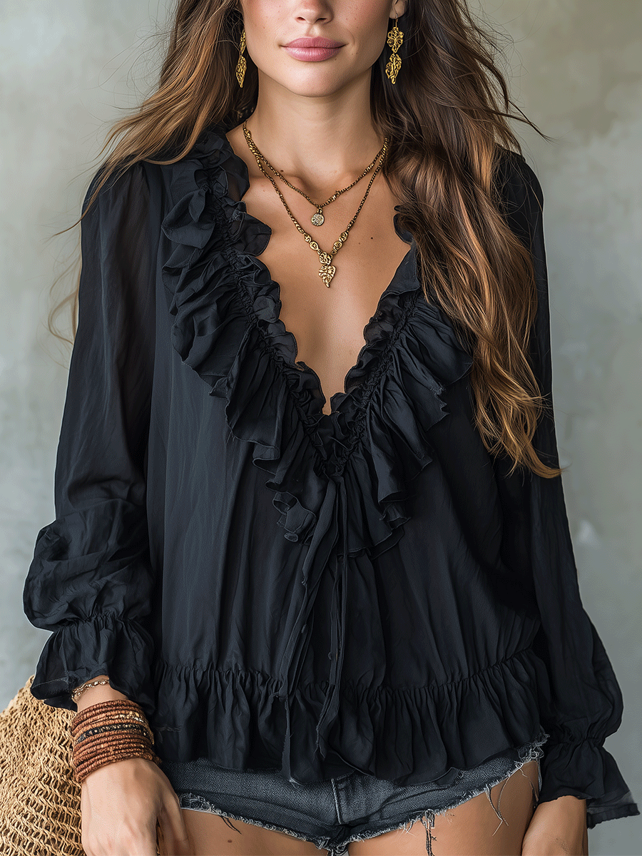 Tabitha | Romantic Bohemian Ruffle Trim V-Neck Lightweight