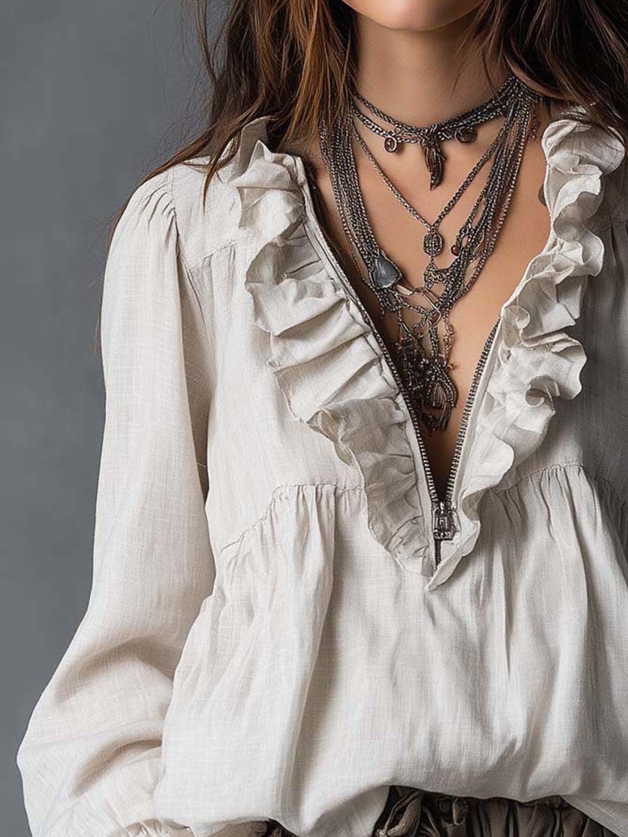 Juliet | Effortless Zip-up Collar Ruffled Cotton Linen