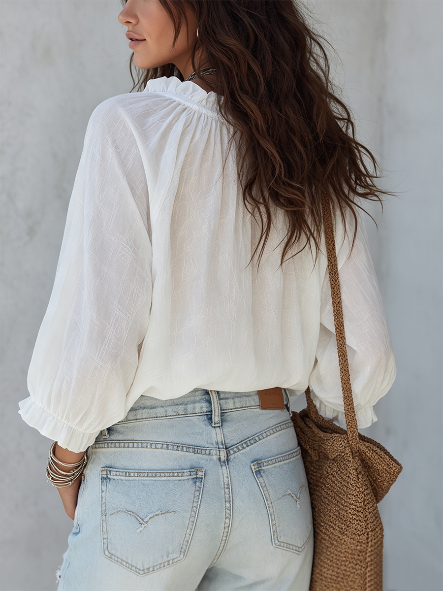 Camille | Airy White Lace-Up Boho Blouse