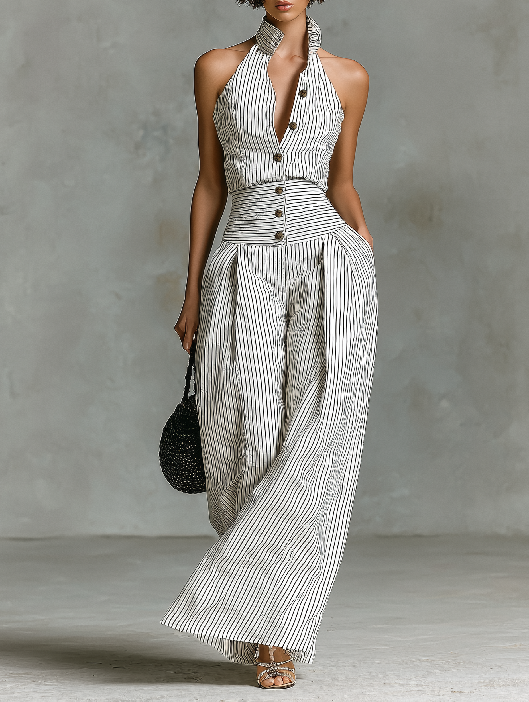 Kay | Striped Linen Sleeveless Single-Breasted