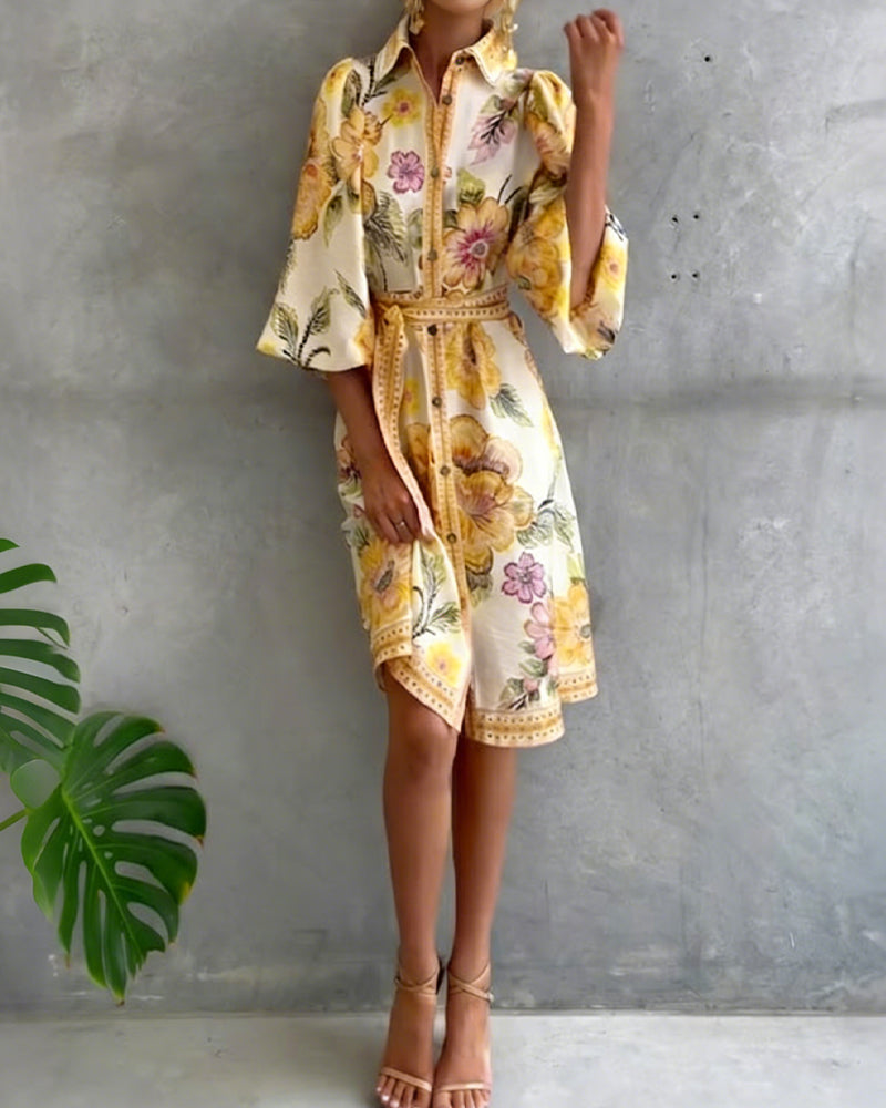 Printed Lantern Sleeve Dress with Notched Collar