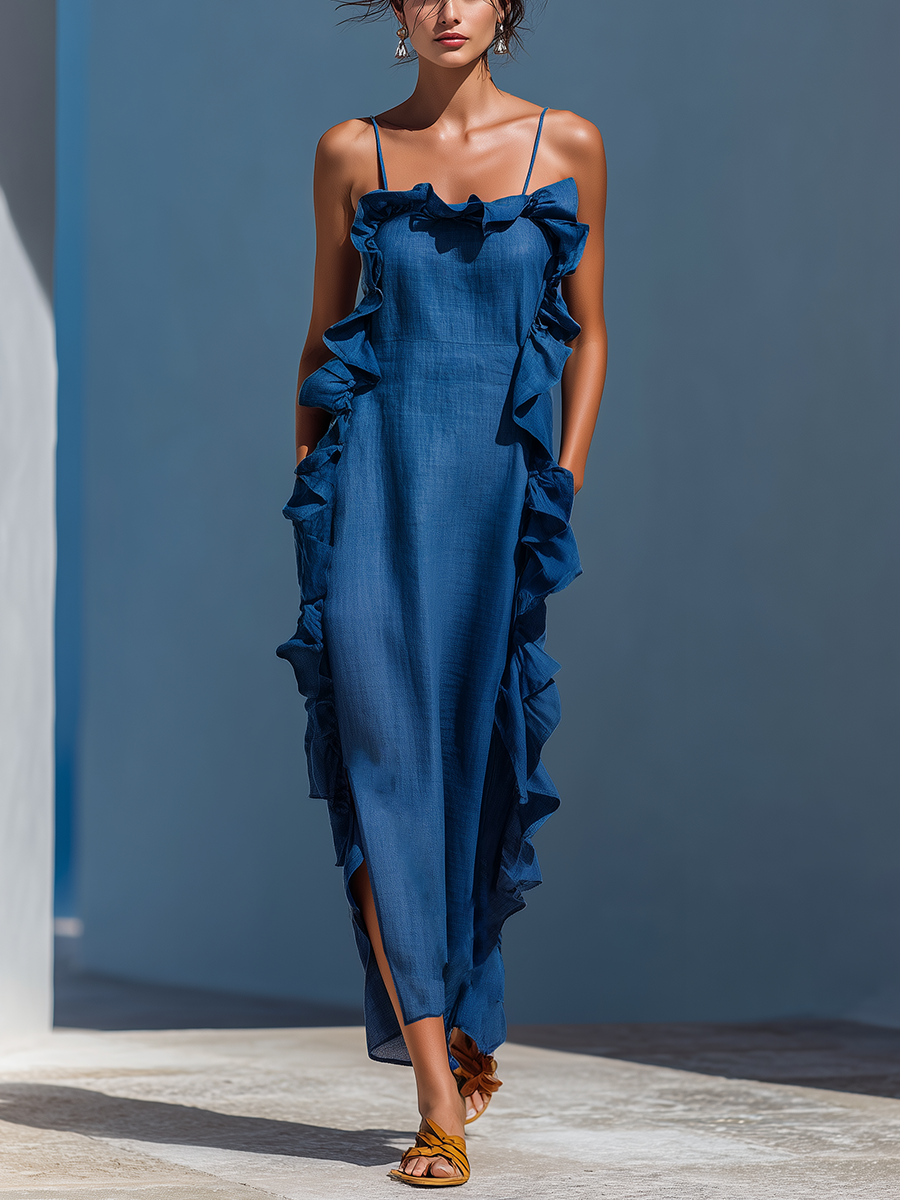 Chloe | Women’s Blue Linen-Blend Spaghetti