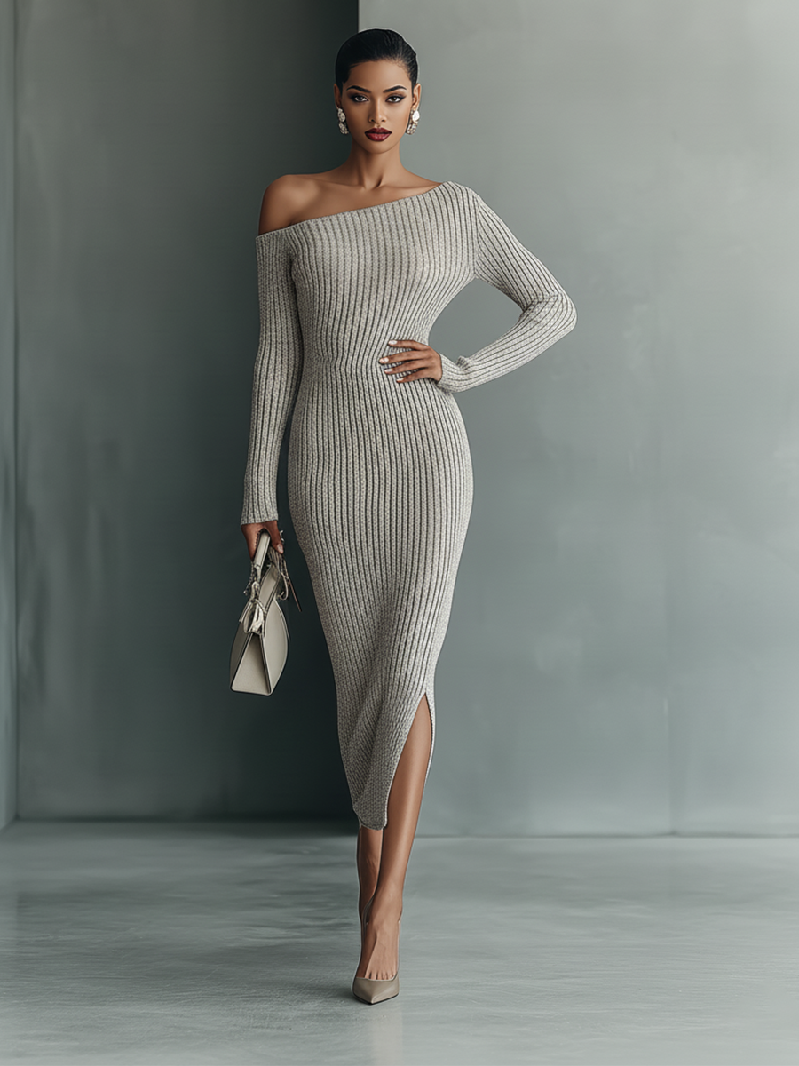 Sophia | Gray One-shoulder Knitted Dress