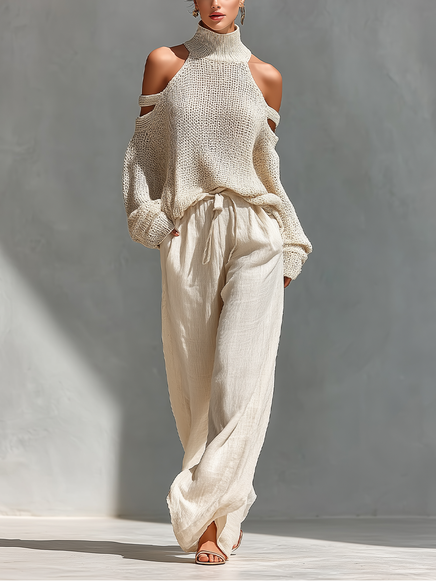 Astrid | Beige Knit Fabric Cold-Shoulder