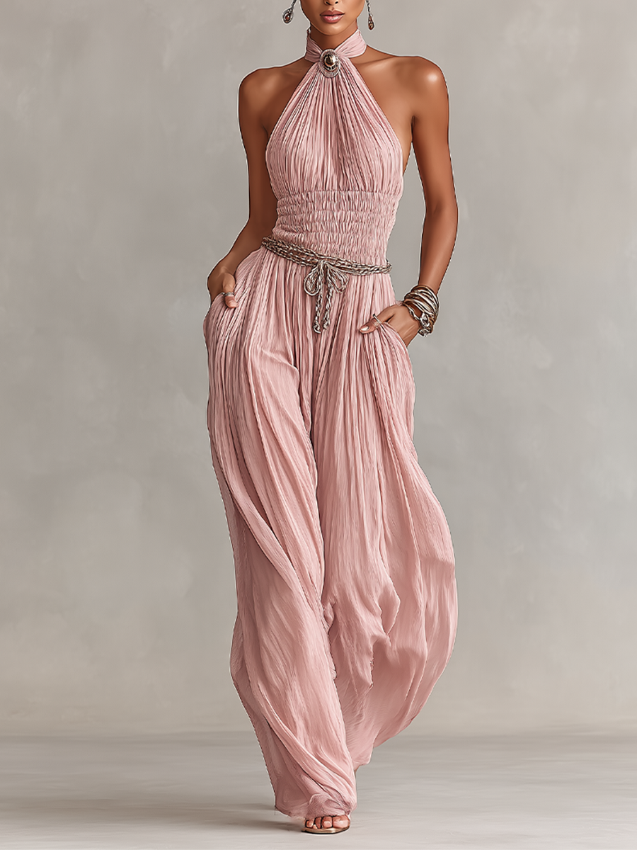Isla | Blush Pleated Jumpsuit Halter