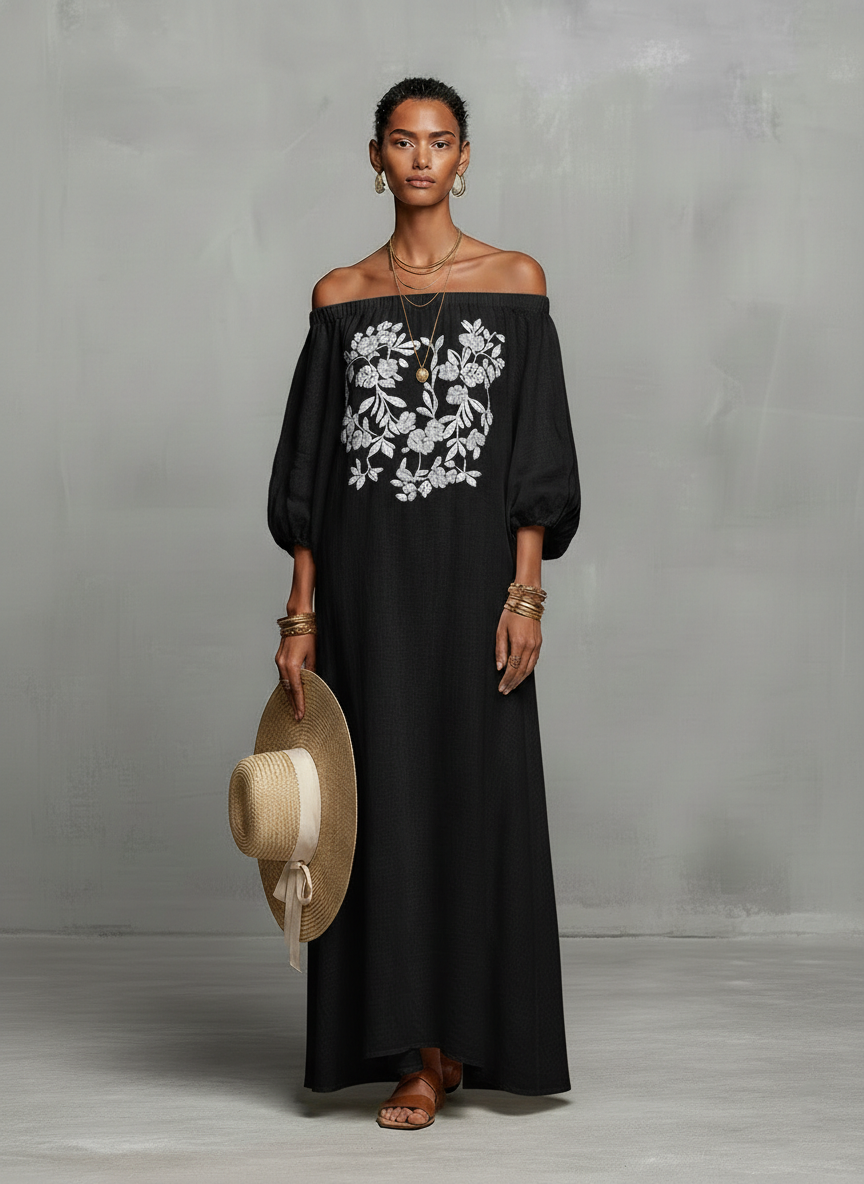 Iris | Off--shoulder Three-quarter Sleeve Embroidered