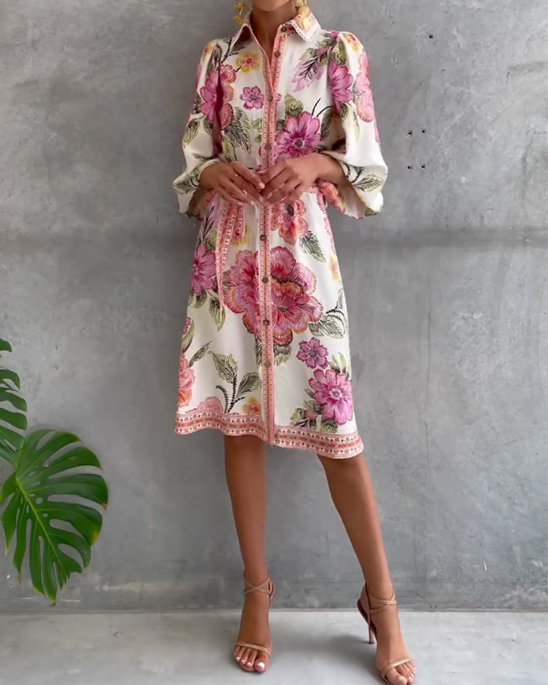 Printed Lantern Sleeve Dress with Notched Collar