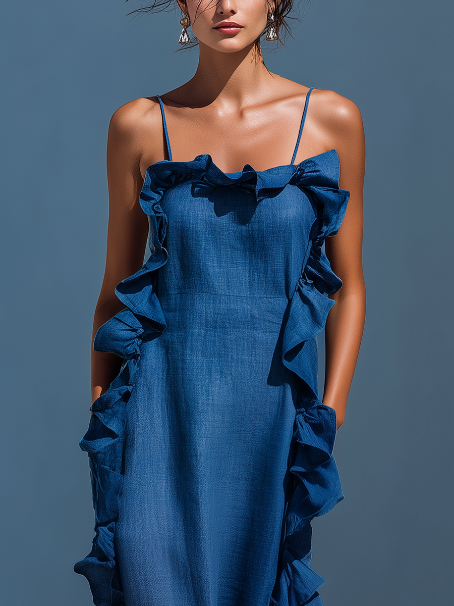 Chloe | Women’s Blue Linen-Blend Spaghetti
