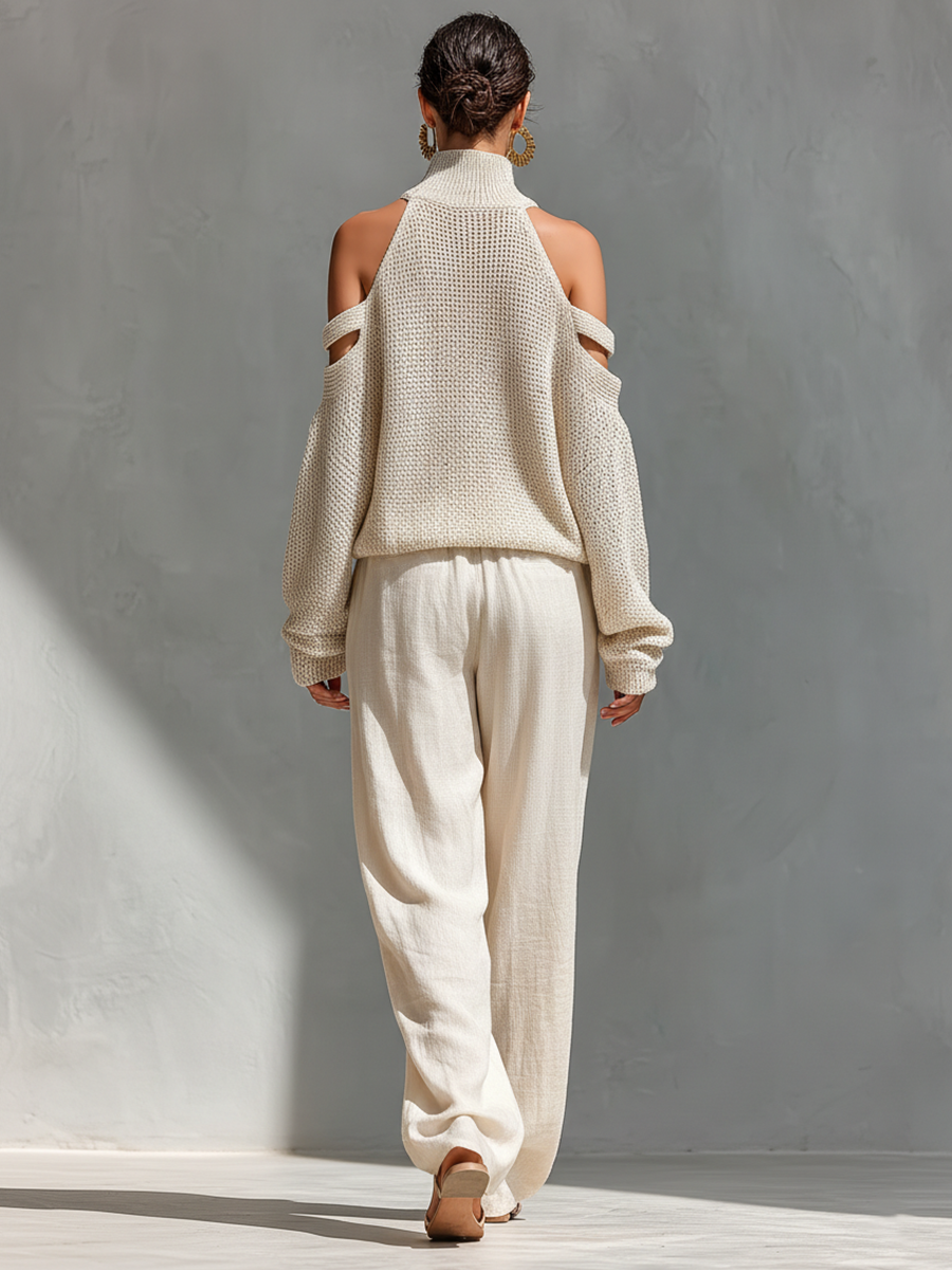 Astrid | Beige Knit Fabric Cold-Shoulder