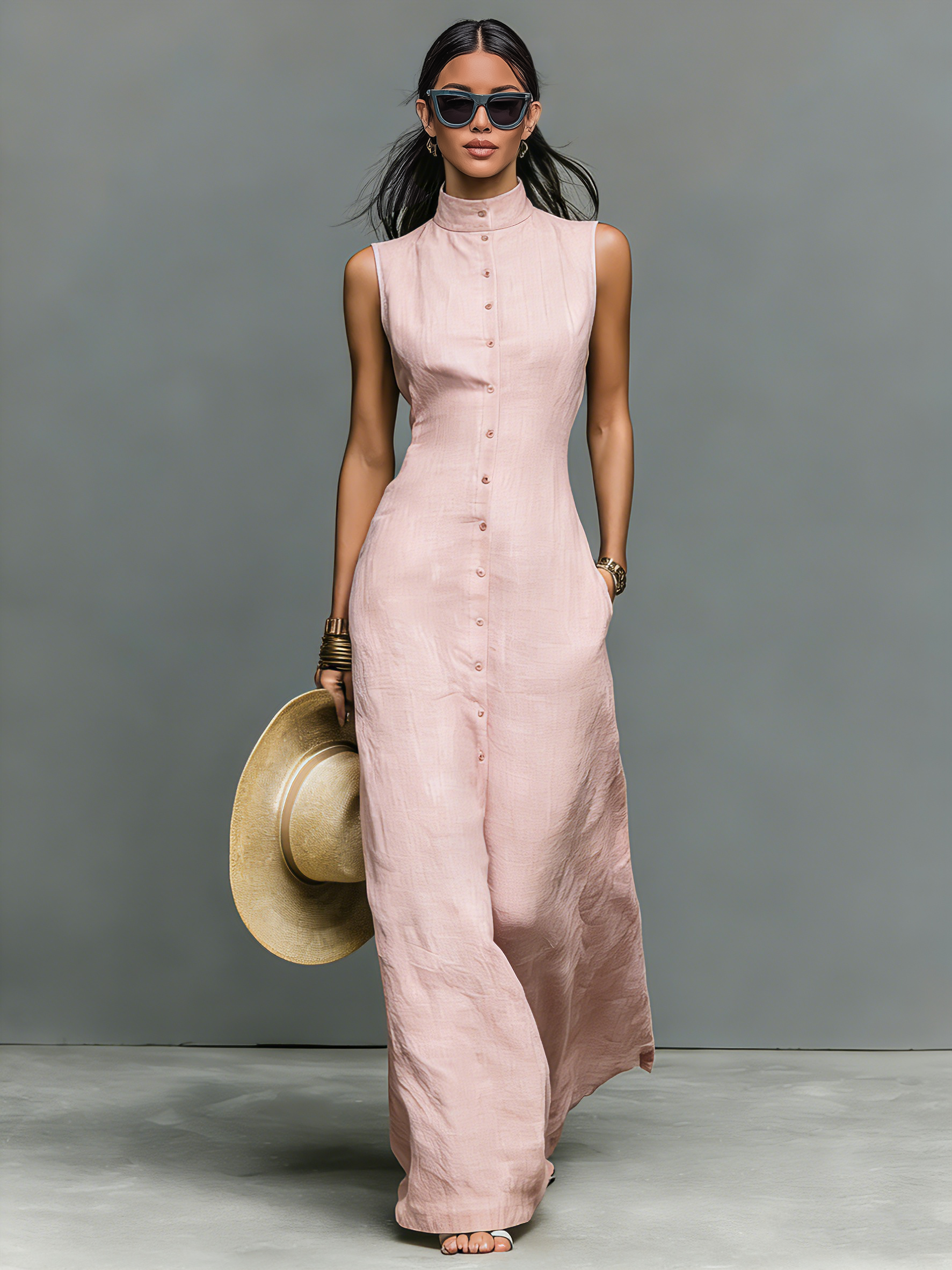 Bree | Linen-Blend Stand-Collar Single-Breasted Sleeveless