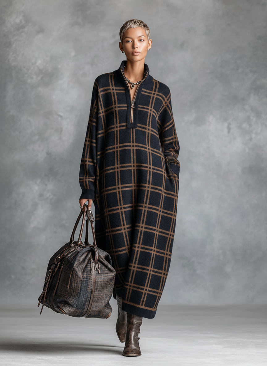 Rose | Loose Plaid Zipper Neck