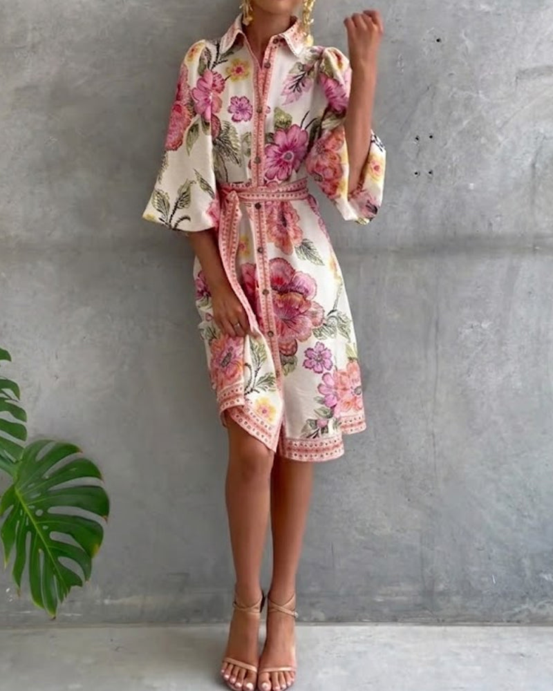 Printed Lantern Sleeve Dress with Notched Collar