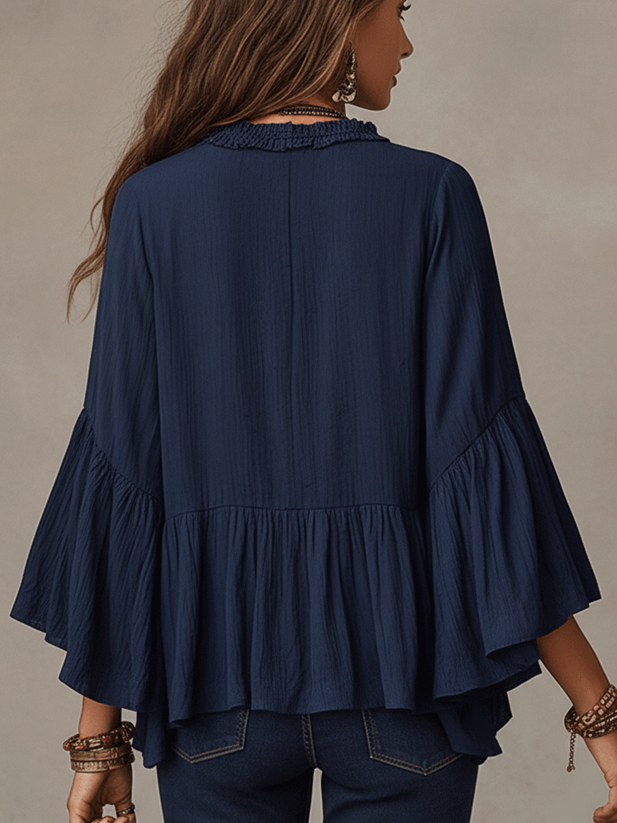 Ximena | Effortless Deep Blue Ruffle Boho Blouse
