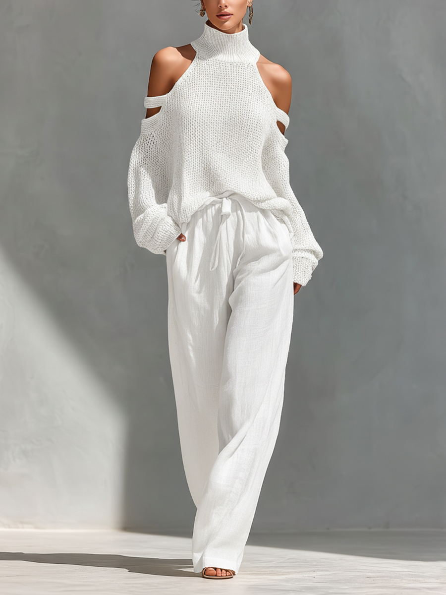 Astrid | Beige Knit Fabric Cold-Shoulder