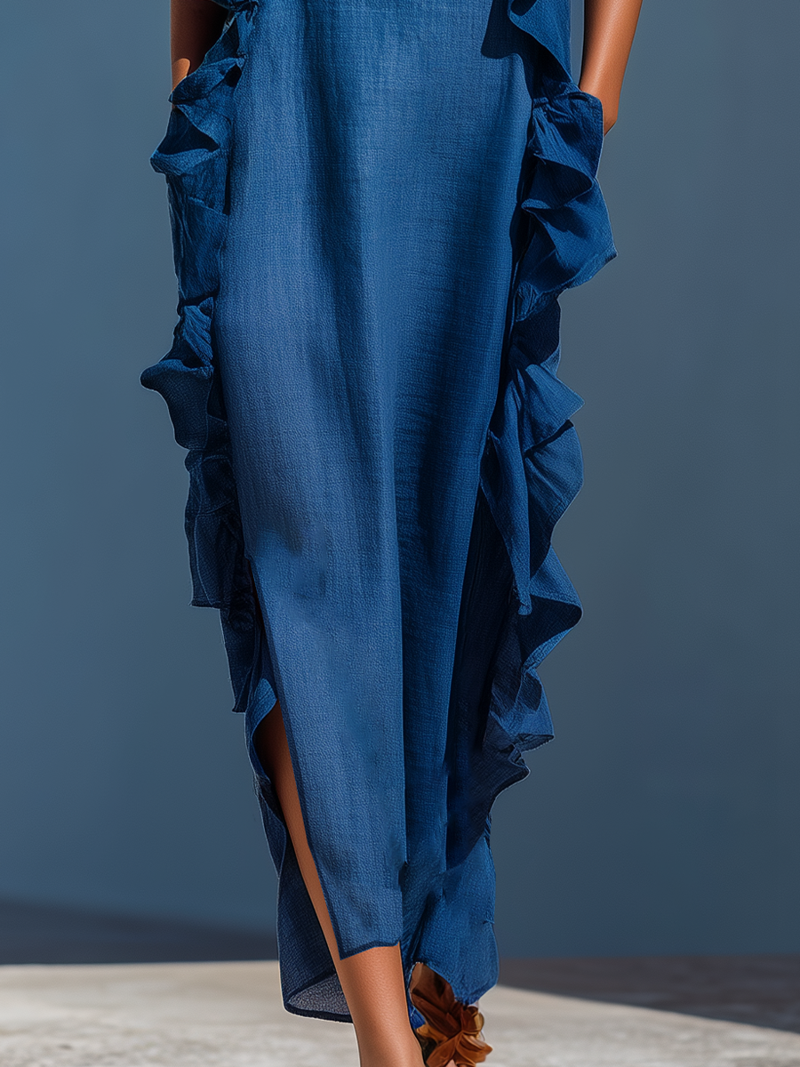 Chloe | Women’s Blue Linen-Blend Spaghetti