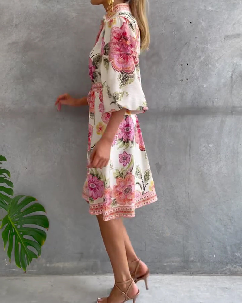 Printed Lantern Sleeve Dress with Notched Collar