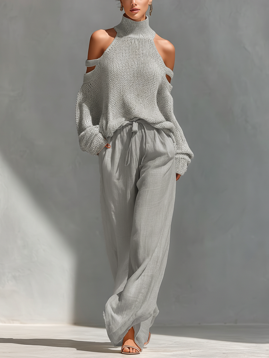 Astrid | Beige Knit Fabric Cold-Shoulder