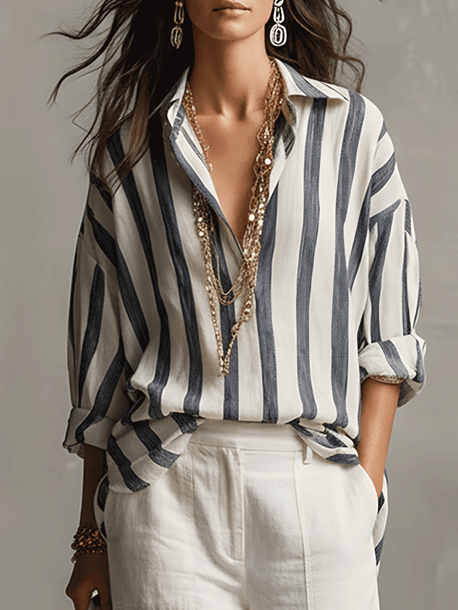Genevieve | Casual Striped Cotton And Linen Long-Sleeved