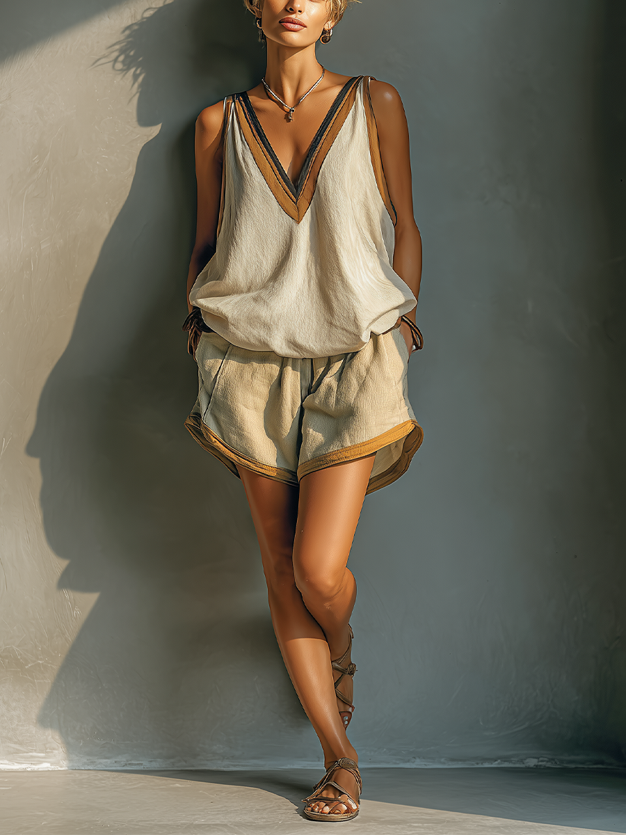 Clare | Beige Linen-Blend Contrast Trim