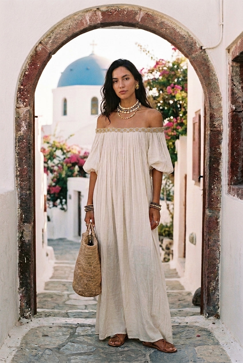 Inez | Pleated Off-Shoulder Maxi Dress