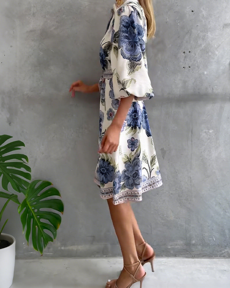 Printed Lantern Sleeve Dress with Notched Collar
