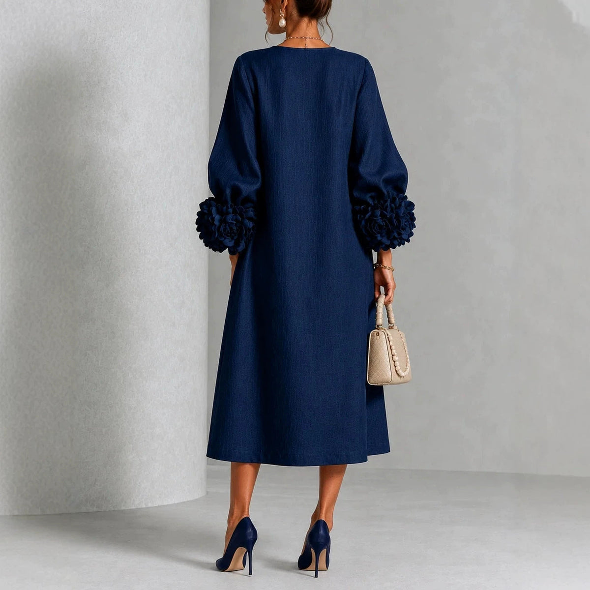 IVY | Floral Midi Dress with Rose-Cuff Sleeves