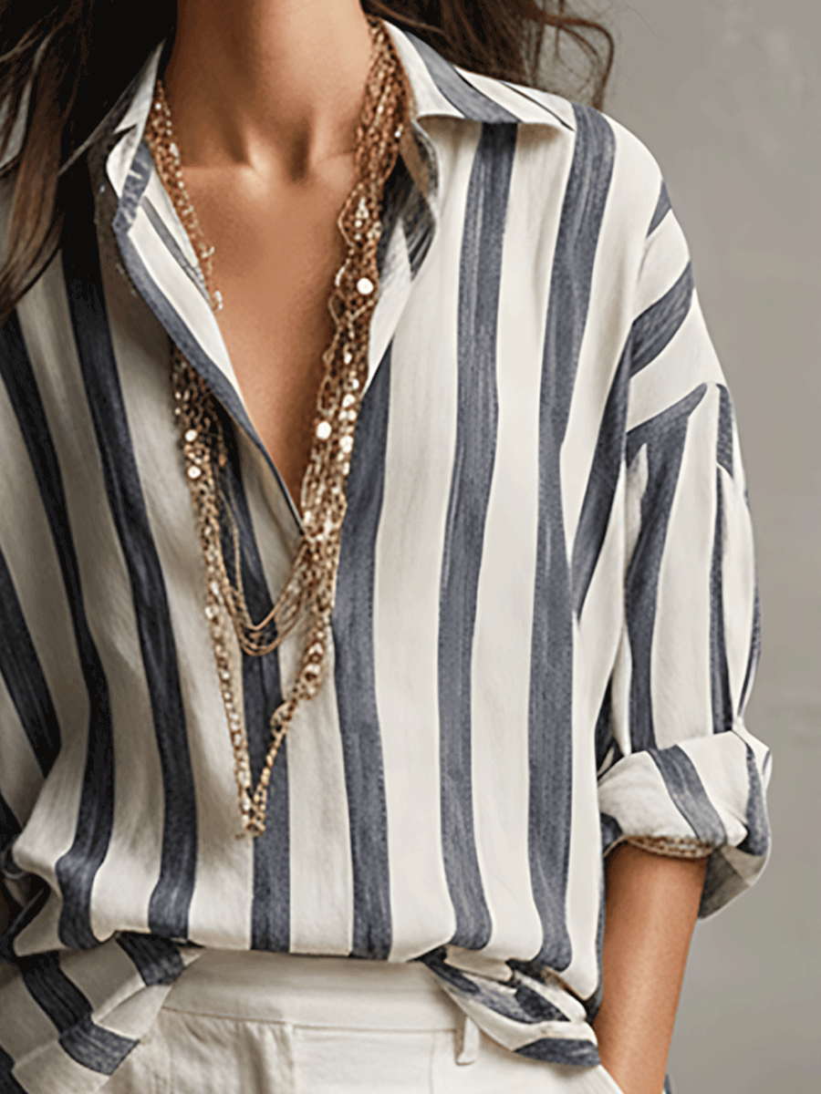 Genevieve | Casual Striped Cotton And Linen Long-Sleeved