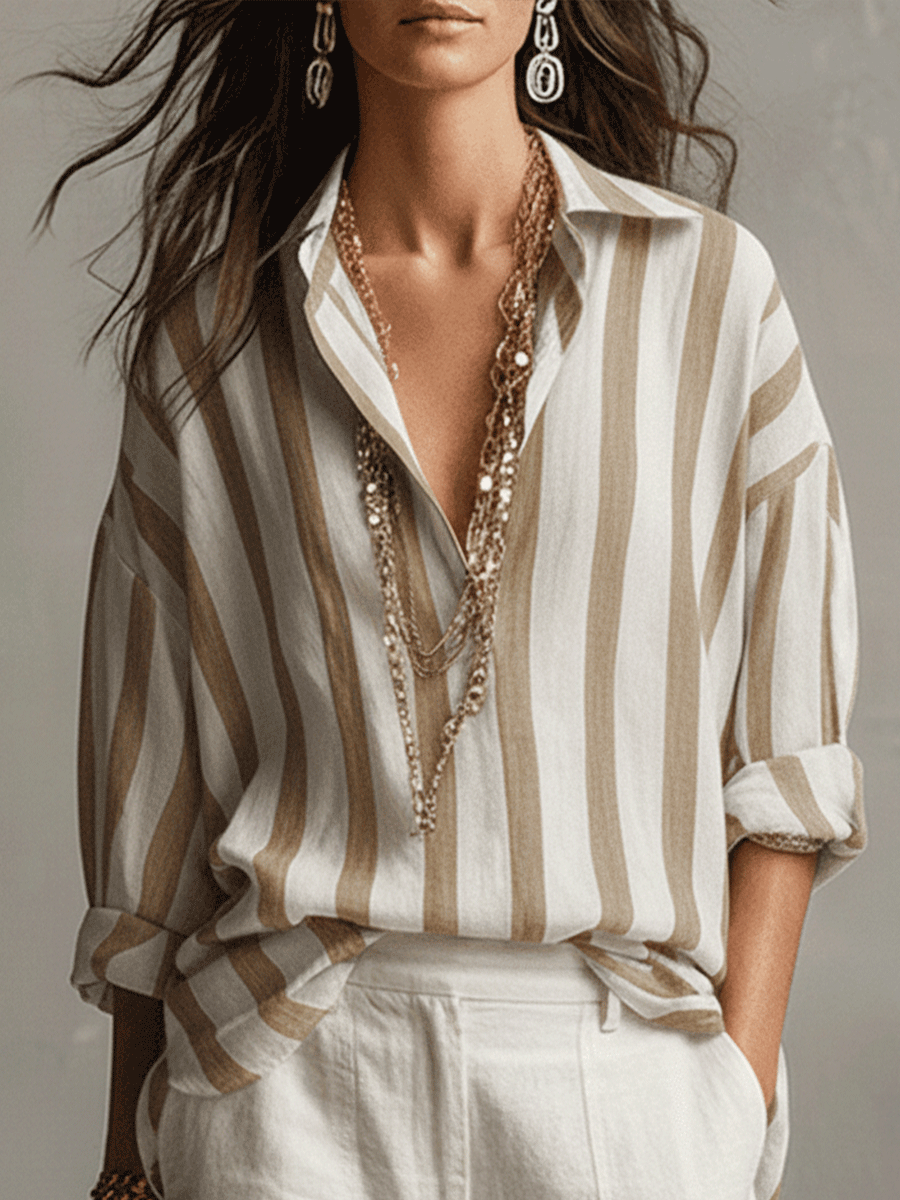 Genevieve | Casual Striped Cotton And Linen Long-Sleeved