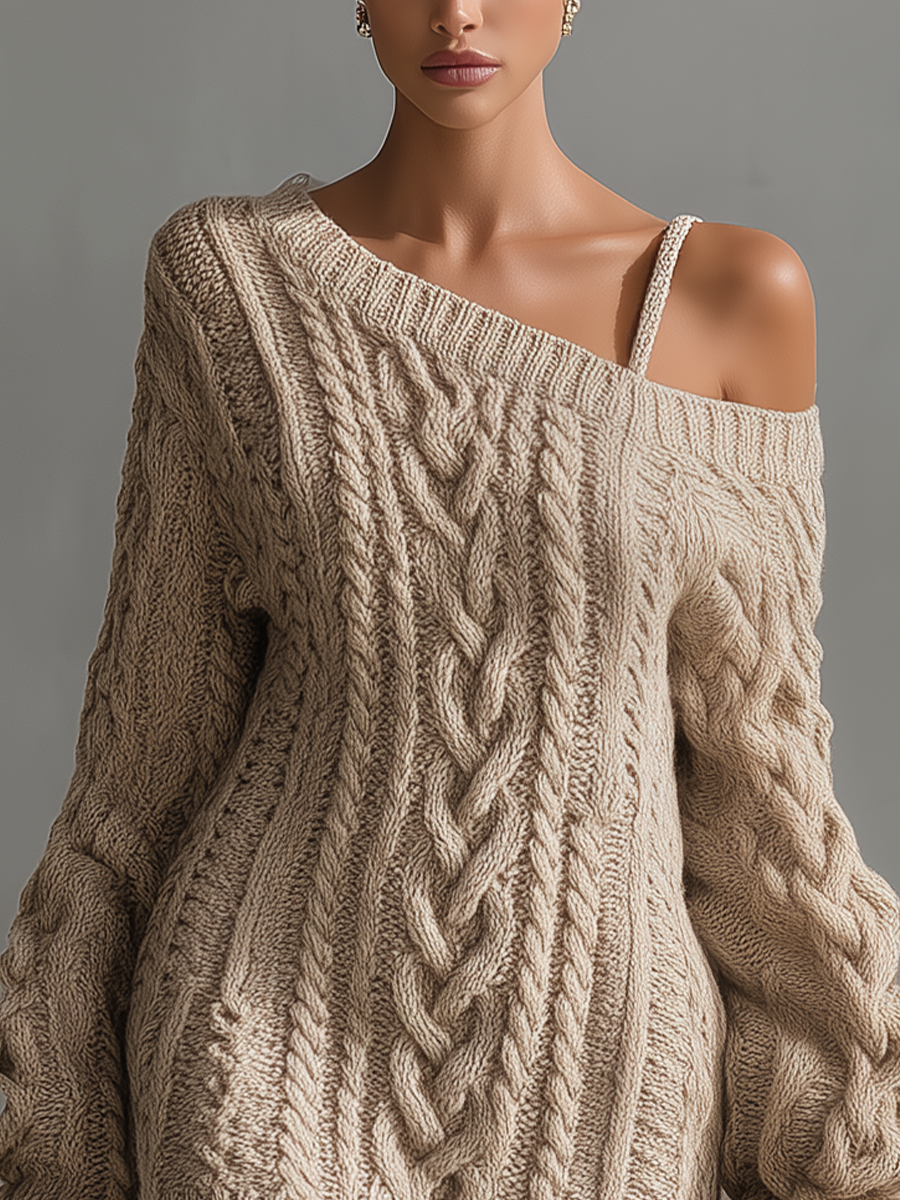 Rachel | Beige Cable Knit Off--Shoulder