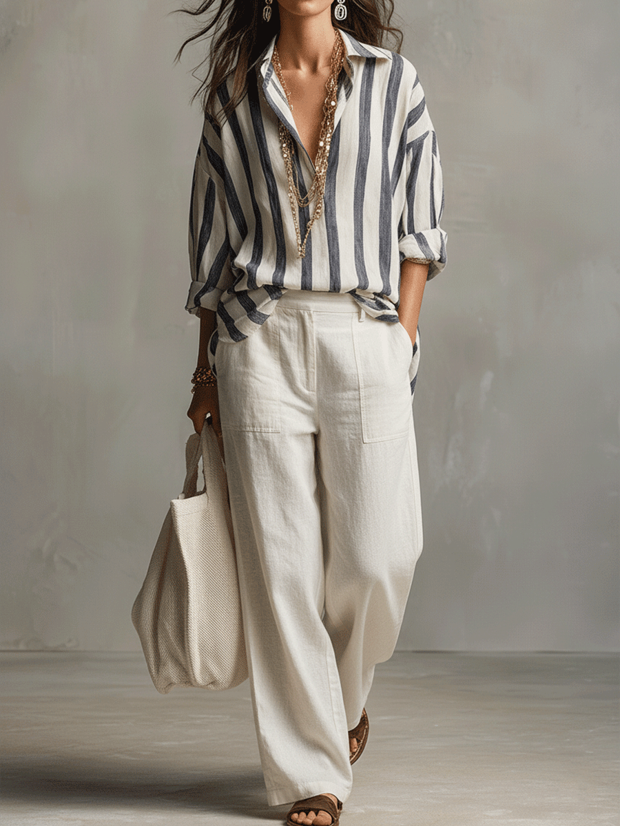 Genevieve | Casual Striped Cotton And Linen Long-Sleeved