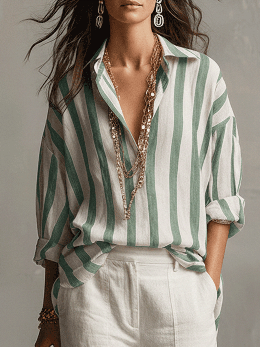 Genevieve | Casual Striped Cotton And Linen Long-Sleeved