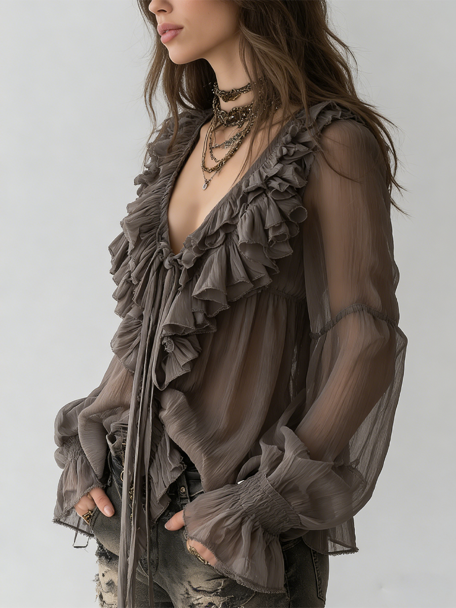 Yvette | Grey Bohemian Ruffled Shirt