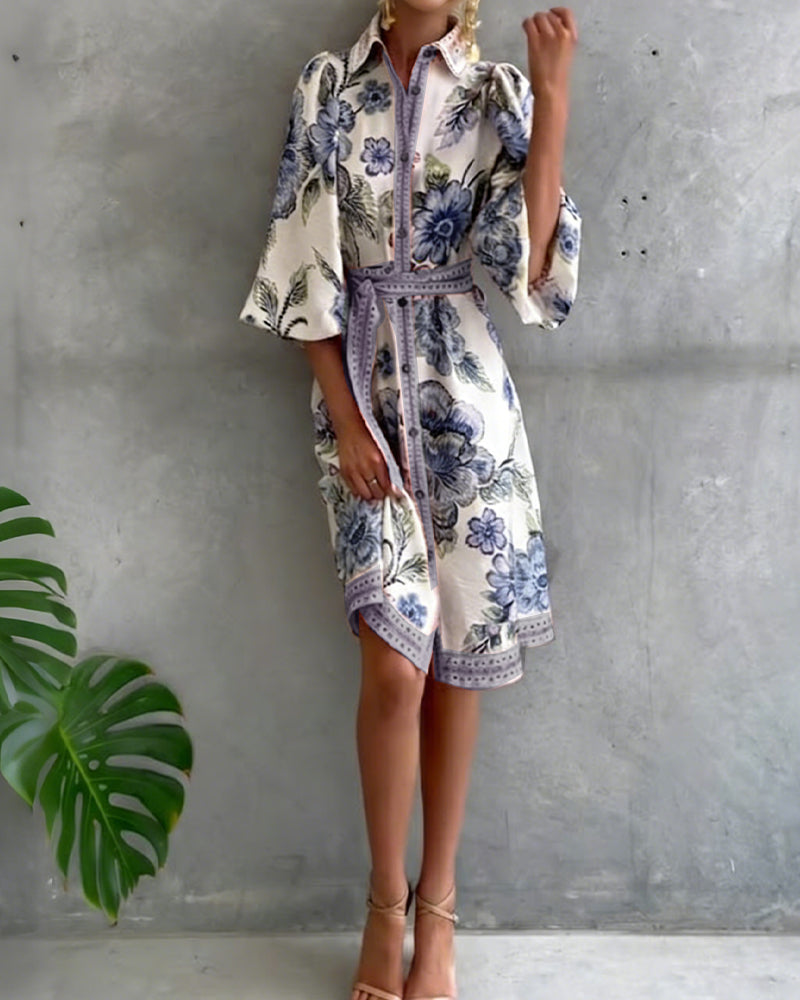 Printed Lantern Sleeve Dress with Notched Collar