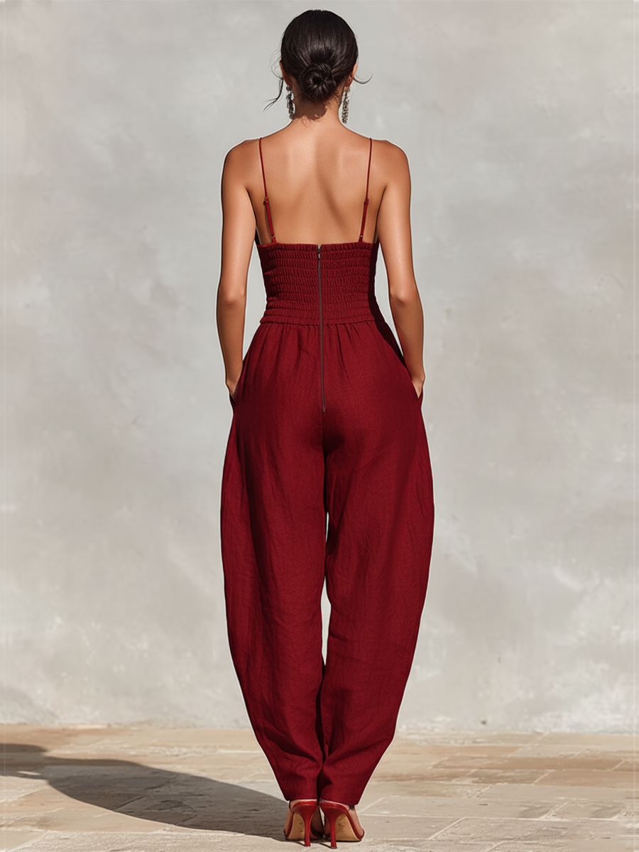 Cass | Red Linen Jumpsuit Spaghetti