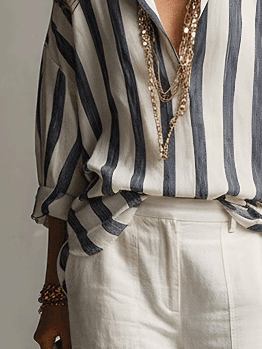 Genevieve | Casual Striped Cotton And Linen Long-Sleeved