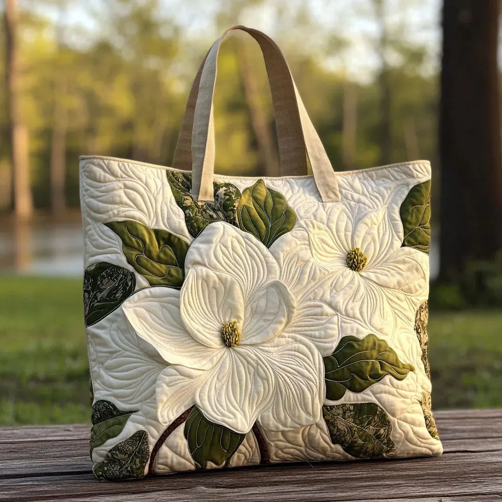 Artisanal Quilted Bag - Elegant White Lilies