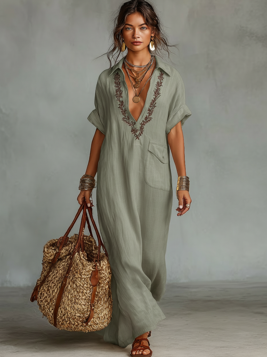 Diana | Linen Blend Embroidered Short-sleeved