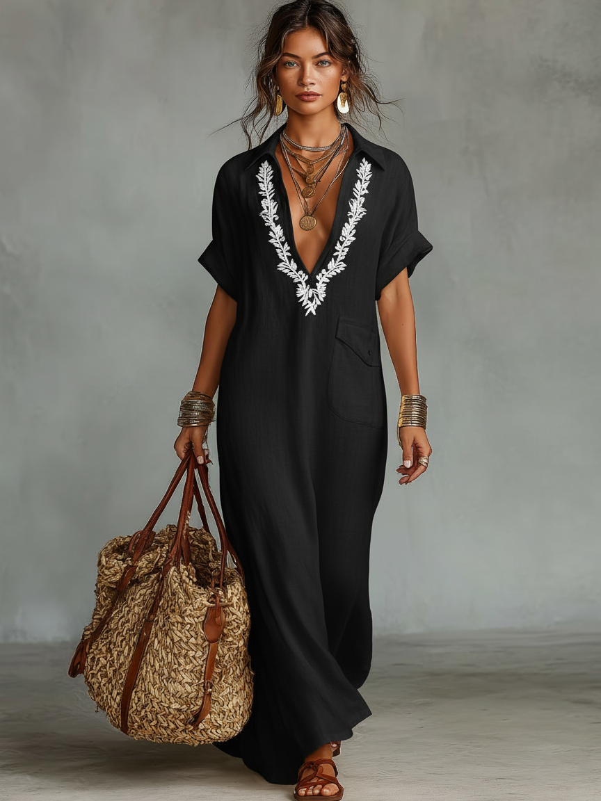 Diana | Linen Blend Embroidered Short-sleeved