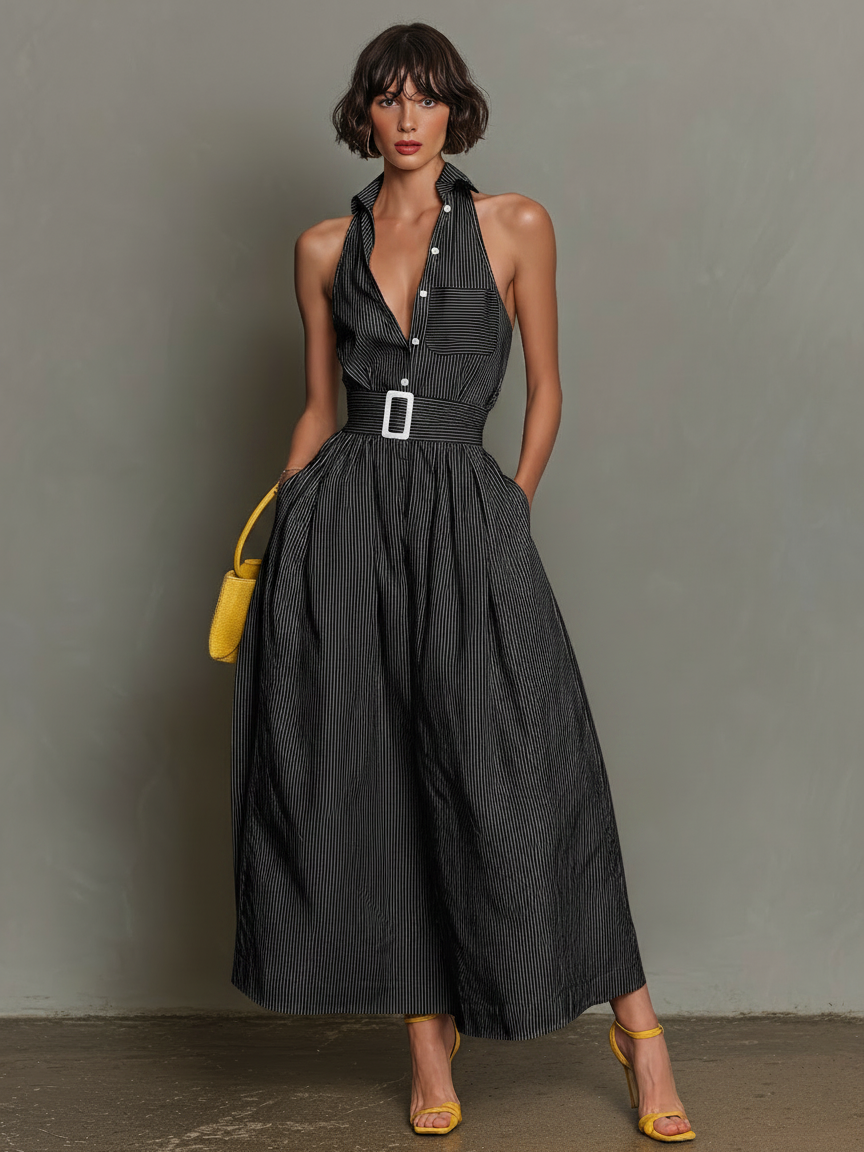 Briar | Striped Lapel Sleeveless Maxi