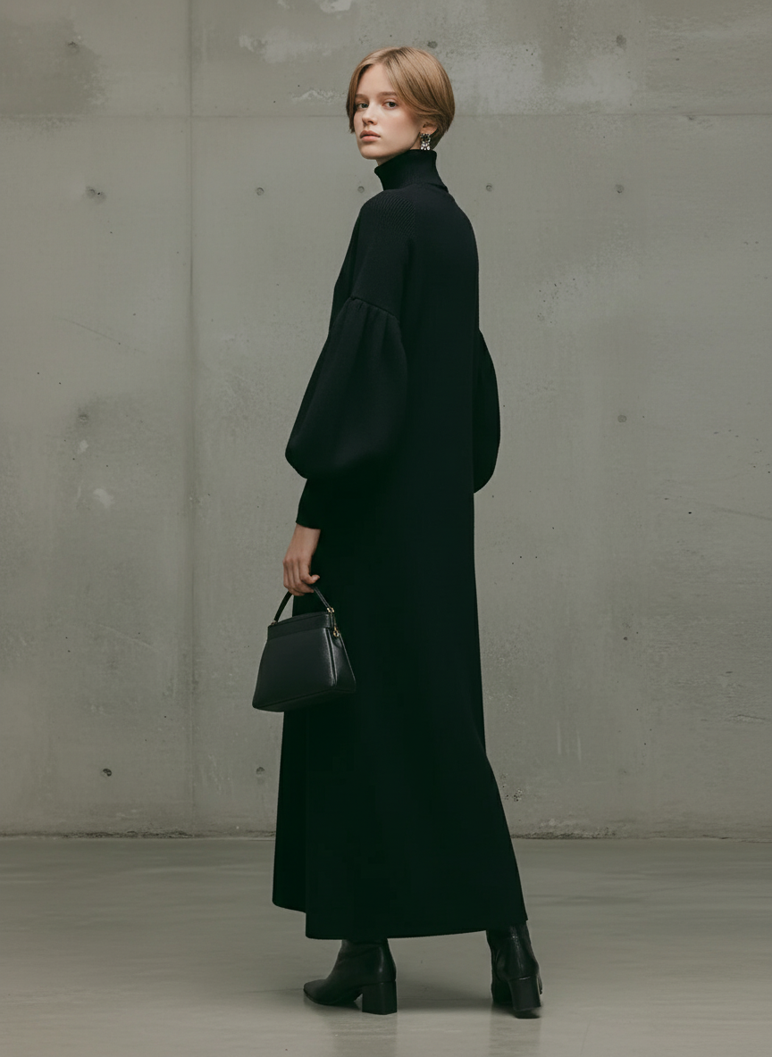 Marta | Modern Black Turtleneck Puff-Sleeve